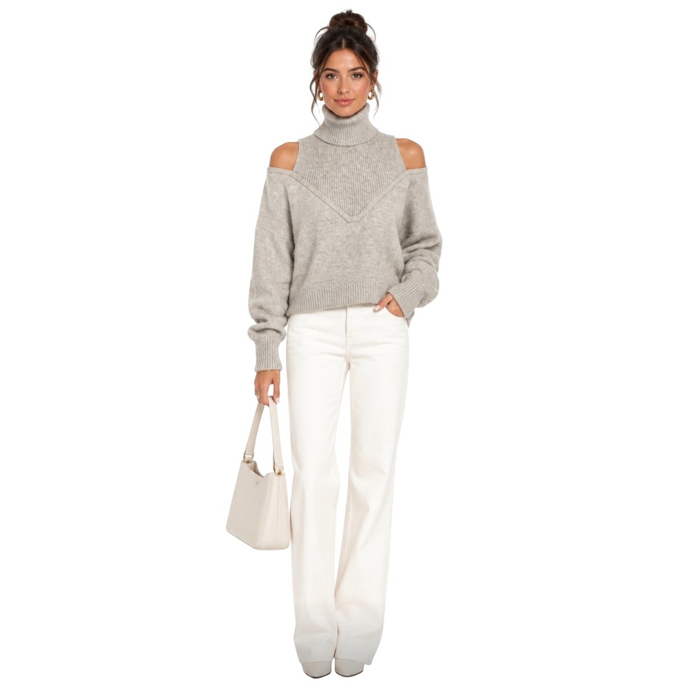 Oatmeal Heather Cold Shoulder Turtleneck Layered V-Neck Knit Sweater Womens L